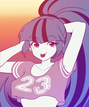 Rule 34 | 1girl, :p, alternate costume, arm behind head, armpits, arms up, bare arms, big hair, black hair, blue hair, breasts, cleavage, closed mouth, clothes writing, collarbone, colored skin, crop top, crop top overhang, cropped shirt, flat color, gradient background, grey shirt, hair tie, high ponytail, highres, long hair, looking at viewer, medium breasts, multicolored hair, my little pony, my little pony: equestria girls, my little pony: friendship is magic, orange background, pink eyes, ponytail, purple background, riley av, shirt, short sleeves, sidelocks, simple background, smile, solo, sonata dusk, sonata dusk (human), streaked hair, tareme, tongue, tongue out, underboob, upper body, v-bangs, very long hair, white skin, yellow background