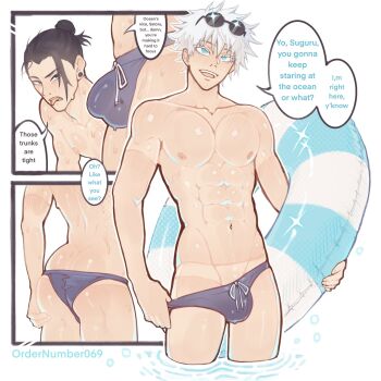 2boys abs ass black_hair blue_swim_trunks blush bulge buoy commentary english_commentary eyewear_on_head getou_suguru gojou_satoru hand_on_own_ass highres jujutsu_kaisen male_focus multiple_boys multiple_views navel ordernumber069 partially_submerged pectorals short_hair swim_trunks_pull tan tanline toned toned_male twitter_username wet white_hair yaoi