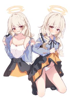 1girl alternate_costume alternate_hair_length_(longer) aoba_(blue_archive) bare_legs black_ribbon black_skirt black_socks blonde_hair blue_archive blue_shirt blush bow bow_camisole bow_panties camisole closed_mouth clothes_lift collarbone commentary_request embarrassed flat_chest frills hair_ornament hair_over_shoulder hairclip halo high-waist_skirt highres jirai_kei kanikama_acedia kneeling layered_skirt lifting_own_clothes loli long_hair long_sleeves looking_at_viewer low_twintails multiple_views off_shoulder open_clothes open_shirt orange_halo orange_skirt panties red_eyes ribbon shirt shirt_lift shirt_tucked_in simple_background single_bare_shoulder skirt skirt_lift socks sweatdrop thighs twintails underwear very_long_hair wavy_mouth white_background white_camisole white_panties yellow_halo