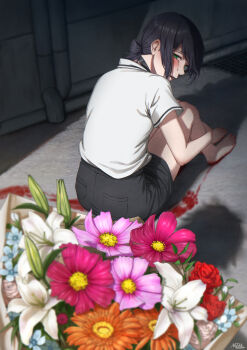 Rule 34 | 1girl, absurdres, alley, barefoot, black choker, black hair, black shorts, blood, blood on feet, bloody footprints, bouquet, chainsaw man, choker, crying, crying with eyes open, denji (chainsaw man), flower, green eyes, hair bun, highres, looking back, matomo, on ground, orange flower, pink flower, purple flower, reze (chainsaw man), shadow, shirt, shirt tucked in, shorts, tears, white flower, white shirt