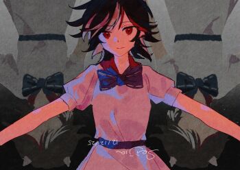 Rule 34 | 1girl, black hair, blue bow, bow, closed mouth, commentary, cowboy shot, dress, film grain, highres, kijin seija, light smile, looking at viewer, medium hair, multicolored hair, outstretched arms, puffy short sleeves, puffy sleeves, red eyes, red hair, short sleeves, spread arms, straight-on, streaked hair, touhou, untranslatable commentary, wssjzwcmd, zoom layer