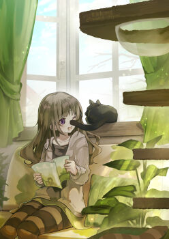 1girl animal book brown_eyes brown_hair canaca_chiyuri cat commentary_request couch curtains holding holding_book hood hood_down hoodie indoors light_particles light_rays long_hair long_sleeves looking_to_the_side on_couch one_eye_closed open_mouth original pantyhose pillow plant sitting skirt smile solo striped_clothes striped_pantyhose window