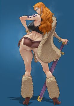 Rule 34 | 1girl, alternate costume, alternate hairstyle, armpits, ass, b 0 rukia, backboob, black shirt, bracelet, braid, braided sidelock, breasts, brown eyes, capelet, crop top, fur-trimmed capelet, fur capelet, fur leg warmers, fur trim, hand on own hip, hgue ass, high heels, jewelry, large breasts, leg warmers, loincloth, long hair, looking at viewer, looking back, nami (one piece), nami (one piece) (elbaf), necklace, no panties, official alternate costume, official alternate hairstyle, one piece, orange hair, sheath, shirt, shoulder tattoo, sidelocks, smile, standing, steaming body, sword, tattoo, thick thighs, thighs, weapon
