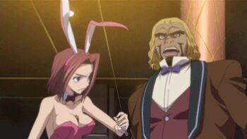 00s 1boy 1girl animal_ears animated animated_gif anime_screenshot ass back-seamed_legwear black_king_(code_geass) bow bowtie breasts cleavage code_geass detached_collar fake_animal_ears high_heels kicking kouzuki_kallen lowres pantyhose pink_pantyhose playboy_bunny punching rabbit_ears red_hair seamed_legwear shoes tail wrist_cuffs