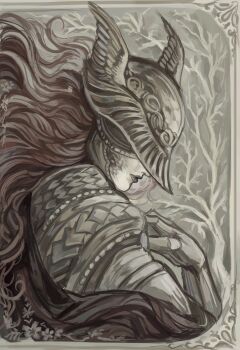 1girl absurdres arm_up border branch cape covered_eyes elden_ring floating_hair flower from_side helmet helmet_over_eyes highres long_hair malenia_blade_of_miquella mechanical_arms ornate_border pale_skin portrait prosthesis prosthetic_arm qwt00tt red_cape red_hair sepia single_mechanical_arm solo winged_helmet