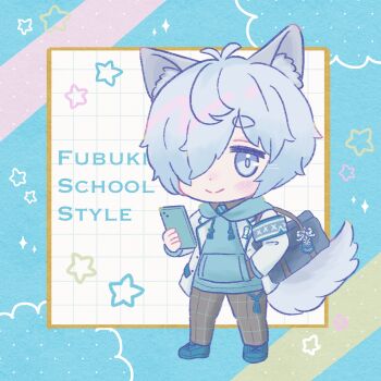 1boy blue_shoes brown_pants cellphone chibi chibi_only closed_mouth commentary_request conachun fubuki_(rune_factory) full_body grey_eyes grey_hair hair_over_one_eye highres holding holding_phone hood hood_down looking_at_viewer male_focus pants phone rune_factory rune_factory:_guardians_of_azuma shoes short_hair smartphone standing tail wolf_boy wolf_tail