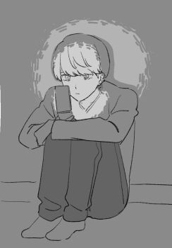 1boy cellphone dark flip_phone looking_at_phone male_focus narukami_yu on_floor persona persona_4 phone sitting staring torihikittana