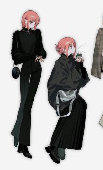 1girl bag black_pants braid braided_ponytail casual chainsaw_man closed_mouth hair_bun handbag highres long_hair long_skirt long_sleeves m_budat1 makima_(chainsaw_man) pants red_hair ringed_eyes sidelocks skirt sleeves_past_wrists solo