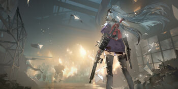 1girl absurdres assault_rifle baseball_cap black_hat black_thighhighs dalanxia fire flying_paper from_behind from_below girls'_frontline girls'_frontline_2:_exilium grey_hair gun h&amp;k_hk416 handgun hat highres hk416_(girls'_frontline) holding holding_gun holding_weapon jacket klukai_(girls'_frontline_2) non-humanoid_robot official_art paper perspective ponytail rebar rifle robot rubble solo thighhighs torn_clothes torn_thighhighs weapon wind