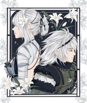 1boy 1girl absurdres artist_name backless_outfit bandaged_arm bandaged_neck bandages black_background black_hairband blue_negligee border braid braided_hair_rings breasts closed_eyes closed_mouth flower fur-trimmed_jacket fur_trim grey_hair hair_flower hair_ornament hair_rings hairband highres jacket kaine_(nier) lingerie long_hair medium_breasts medium_hair negligee nier nier_(brother) nier_(brother)_(post_timeskip) nier_(series) shanlieart single_sidelock underwear updo upper_body white_border white_flower