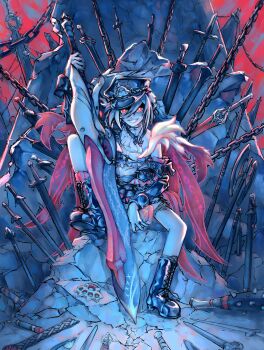 1girl absurdres axe black_boots black_hair black_hat black_jacket black_shorts boots brass_knuckles brick chain club club_(weapon) eudaemonm evil_grin evil_smile full_body glowing glowing_eyes grin hat herrscher_of_sentience herrscher_of_sentience_(turn_up_the_music!) highres holding holding_sword holding_weapon honkai_(series) honkai_impact_3rd jacket long_hair low-tied_long_hair low_ponytail planted planted_sword planted_weapon ponytail red_eyes rock shorts sitting smile solo spiked_club sword teeth weapon