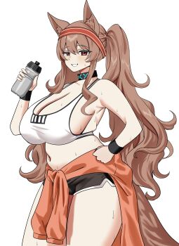 1girl alternate_costume angelina_(arknights) animal_ear_fluff animal_ears arknights arknights:_endfield black_choker black_shorts bottle breasts brown_hair choker cleavage clothes_around_waist gym_shorts hand_on_own_hip headband holding holding_bottle io_troublemaker large_breasts long_hair long_twintails navel plump red_eyes red_headband shirt shirt_around_waist short_shorts shorts sidelocks smile solo sports_bra standing sweat tail tied_shirt twintails water_bottle white_background white_sports_bra wristband
