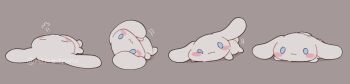 :3 animal animal_focus blue_eyes blush_stickers cinnamoroll commentary curled_tail dog fuwa_fuwa_cinnamoroll grey_background long_image lying multiple_views no_humans on_back on_stomach reimentyuru rolling sanrio simple_background smile symbol-only_commentary white_dog white_fur wide_image