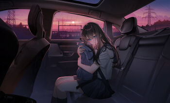 Rule 34 | 1girl, absurdres, black hair, blue eyes, car, car interior, car seat, commentary request, hair between eyes, highres, hugging object, long hair, motor vehicle, original, pleated skirt, purple sky, scenery, school uniform, serafuku, sidelocks, skirt, sky, solo, sunset, transmission tower, zarea