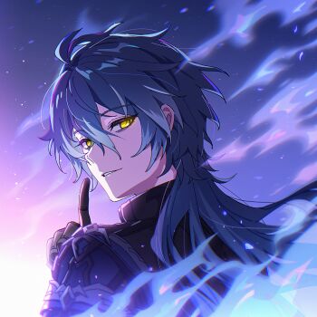 Rule 34 | 1boy, absurdres, black gloves, blue hair, chinese commentary, commentary request, finger to mouth, flins (genshin impact), from behind, genshin impact, gloves, hair between eyes, highres, homura2414, index finger raised, long hair, looking at viewer, looking back, male focus, night, parted lips, shushing, sky, smile, solo, star (sky), starry sky, upper body, yellow eyes