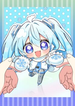 1girl :3 :d ahoge bare_shoulders blue_eyes blue_hair blue_necktie blush boots chibi commentary double-parted_bangs full_body grey_boots grey_skirt hair_between_eyes hatsune_miku ice_skates irasutogakari long_hair looking_at_viewer miniskirt mittens necktie number_tattoo open_mouth outline pleated_skirt scarf shirt shoulder_tattoo skates skirt sleeveless sleeveless_shirt smile solo_focus symbol-only_commentary tattoo thigh_boots tie_clip twintails very_long_hair vocaloid white_mittens white_scarf white_shirt yuki_miku yuki_miku_(2010)