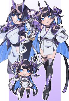 1girl absurdres black_boots black_choker black_hair black_nails blue_eyes blue_hair blunt_bangs blunt_ends boots choker colored_extremities colored_inner_hair ear_piercing earrings eyeliner fang highres hikimayu horns jacket japanese_clothes jewelry k_einosuke kimono leaning_on_weapon long_hair makeup multicolored_hair multiple_views oni original over_shoulder piercing platform_boots pointy_ears purple_hands purple_horns purple_rope red_eyeliner rope sleeveless sleeveless_kimono smirk solo sword sword_over_shoulder thigh_strap two-tone_hair two_side_up v weapon weapon_over_shoulder white_jacket white_kimono