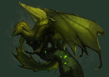 absurdres allagar animal_focus artist_name branch claws commission dragon fins from_side full_body head_fins highres horns monster moss no_humans on_branch original outdoors second-party_source solo tail western_dragon wings yellow_eyes