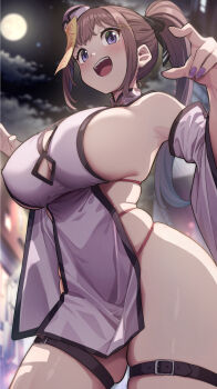 1girl absurdres araki_nonoka_(takano_tomohiro) bare_shoulders belt black_belt black_ribbon black_sky blurry blurry_background blush breasts cloud cloudy_sky detached_sleeves dress fingernails full_moon gradient_hair hair_ornament hair_ribbon hairclip hat high_ponytail highres large_breasts long_hair moon multicolored_hair nail_polish night ofuda ofuda_on_head open_mouth original outdoors pink_dress pink_hat pink_sleeves ponytail purple_eyes purple_nails ribbon sideboob sky smile solo takano_tomohiro teeth thigh_belt thigh_strap thighs tongue upper_teeth_only