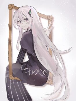 1girl black_capelet black_dress butterfly_hair_ornament capelet chicky7833 closed_mouth colored_eyelashes commentary_request dress echidna_(re:zero) hair_between_eyes hair_ornament highres long_hair long_sleeves looking_at_viewer picture_frame purple_eyes re:zero_kara_hajimeru_isekai_seikatsu sitting smile solo striped_clothes striped_dress vertical-striped_clothes very_long_hair white_background white_hair