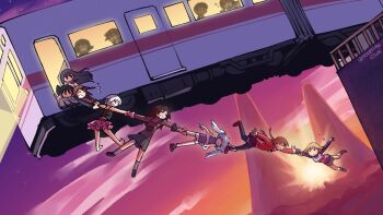 >_< .flow 6+girls :d artist_name black_hair black_shirt black_skirt black_thighhighs blonde_hair character_request collective_unconscious commentary crossover deformed english_commentary evening falling grey_skirt hair_flaps highres holding_another's_arm holding_another's_leg human_chain in-universe_location kaibootsu long_hair looking_at_another madotsuki minnatsuki mountain multiple_girls open_mouth outdoors pink_skirt plaid_clothes plaid_sweater_vest purple_shirt purple_sweater_vest red_sweater sabitsuki shirt short_hair skirt smile sunset sweater sweater_vest thighhighs train twintails urotsuki white_hair yume_2kki yume_nikki