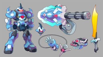 beam_rifle biometal clenched_hands crossover energy_gun energy_sword gatling_gun glowing glowing_eyes gouf_custom grey_background gun gundam gundam_08th_ms_team highres mecha mega_man_(series) mega_man_zx no_humans parody red_eyes redesign robot science_fiction shield simple_background style_parody sword ultimatemaverickx weapon