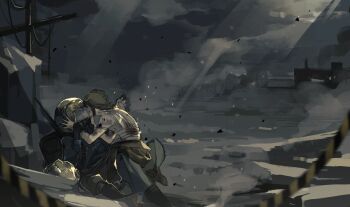 Rule 34 | 2boys, antenna, bandages, black hair, blonde hair, bodysuit, braid, bruno bucciarati, caution tape, cityscape, giorno giovanna, grey sky, hair ornament, helmet, highres, injury, jojo no kimyou na bouken, luminous slime, multiple boys, post-apocalypse, ruins, sky