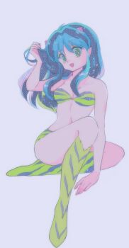 1girl absurdres animal_print aqua_hair bikini boots breasts commentary cone_horns en_0410 full_body green_eyes highres holding holding_own_hair horns invisible_chair knee_boots long_hair looking_at_viewer lum navel open_mouth pointy_ears print_bikini print_boots sidelocks sitting solo swimsuit symbol-only_commentary tiger_print urusei_yatsura