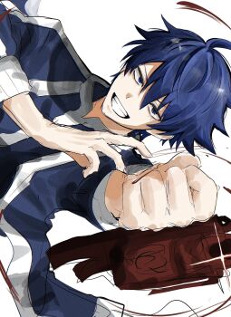 Rule 34 | 1boy, blue eyes, blue hair, blue jacket, clenched hand, commentary request, grin, highres, ichinose shiki, jacket, looking at viewer, male focus, mole, mole under eye, multiple moles, no7djmgsae49339, short hair, sideways, simple background, smile, solo, tougen anki, white background