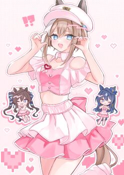 !? 3girls :d ;d @_@ absurdres animal_ears bare_shoulders black_hat blue_eyes blue_hair blue_ribbon breasts brown_hair cheval_grand_(umamusume) chibi cleavage clothing_cutout commentary_request cowboy_shot double-parted_bangs hair_between_eyes hair_ribbon hat heart heart_hands highres horse_ears horse_girl horse_tail leg_warmers long_hair looking_at_viewer making-of_available medium_breasts meni_shuki_rush-sshu! midriff moko_(mokochisa) multicolored_hair multiple_girls one_eye_closed open_mouth own_hands_together pink_background pink_leg_warmers pink_shirt pink_shoes pink_skirt pixel_heart ribbon sailor_hat shirt shoes short_hair_with_long_locks short_sleeves shoulder_cutout siblings sisters skirt smile standing standing_on_one_leg streaked_hair tail twintails umamusume v_sisters verxina_(umamusume) vivlos_(umamusume) white_hair white_hat