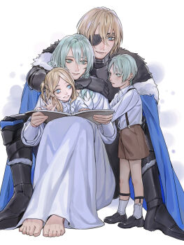 2boys 2girls barefoot black_boots black_gloves black_shoes boots brown_shorts child closed_mouth collared_shirt dimitri_alexandre_blaiddyd dimitri_alexandre_blaiddyd_(timeskip) dress eyepatch family father_and_daughter father_and_son female_byleth_(awakened)_(fire_emblem) female_byleth_(fire_emblem) fire_emblem fire_emblem:_three_houses gloves green_eyes green_hair hetero highres hug hug_from_behind husband_and_wife if_they_mated long_sleeves mother_and_daughter mother_and_son multiple_boys multiple_girls nintendo owl_taro shirt shoes short_hair shorts smile socks standing suspender_shorts suspenders white_dress white_shirt white_socks