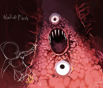 1other aiming ario bloodshot_eyes character_name chasing commentary_request fleeing flesh hell horror_(theme) monster open_mouth outline player_character_(terraria) red_eyes sharp_teeth solo teeth tentacles terraria unfinished upper_teeth_only wall_of_flesh
