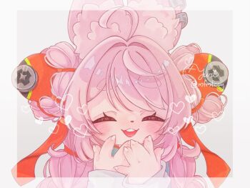 1girl ahoge animal_ear_fluff animal_ear_piercing animal_ears blush border braid braided_twintails closed_eyes commentary_request furry furry_female green_shirt grey_background hair_intakes hands_up heart long_hair mfmfccy open_mouth pink_fur pink_hair portrait rabbit_ears rabbit_girl screw shirt short_eyebrows solo thick_eyebrows white_border zenless_zone_zero zhao_(zenless_zone_zero)