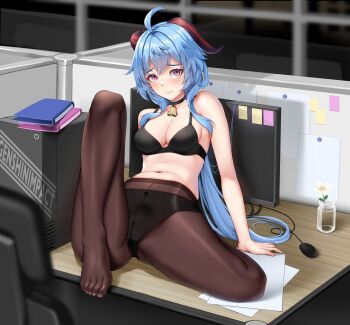 1girl ahoge alternate_costume bare_arms bare_shoulders bell binder black_bra black_panties black_pantyhose black_skirt blue_choker blue_hair blush bra bra_peek breasts brown_pantyhose chair choker cleavage computer computer_mouse copyright_name cubicle desk envelope feet flower full_body ganyu_(genshin_impact) genshin_impact goat_horns highres horns id_card impossible_clothes jar lanyard legs long_hair looking_at_viewer matrix16 medium_breasts monitor mouth_hold navel neck_bell office office_chair office_lady on_desk panties panties_under_pantyhose pantyhose paper power_symbol purple_eyes qingxin_flower raised_eyebrows sideboob sitting skirt solo sticky_note stomach swivel_chair toes underwear very_long_hair water