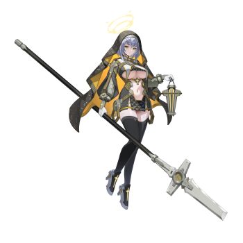 1girl absurdres belt black_thighhighs breast_curtains breasts brown_belt brown_dress clothing_cutout covered_erect_nipples cross dress eyeshadow floating full_body gloves green_eyes grey_hair halo high_heels highres holding holding_weapon large_breasts long_sleeves looking_at_viewer makeup multiple_halos navel navel_cutout no_bra northman nun orange_veil original polearm puffy_long_sleeves puffy_sleeves red_eyeshadow revealing_clothes short_dress short_hair simple_background solo spear stomach tachi-e thighhighs too_many too_many_belts underboob underbust veil weapon white_background white_gloves yellow_halo zettai_ryouiki