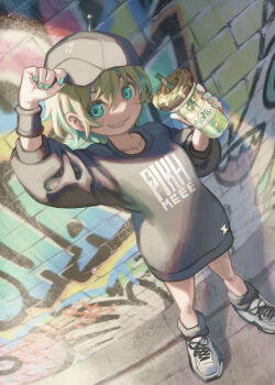 1girl absurdres adjusting_clothes adjusting_headwear amano_pikamee amano_pikamee_(voms_black) aqua_eyes aqua_hair aqua_nails baseball_cap black_hat black_shirt blonde_hair blush_stickers clenched_teeth commentary cup disposable_cup drinking_straw graffiti grin hat highres holding holding_cup kyo_mizusawa long_sleeves multicolored_hair outdoors sharp_teeth shirt short_hair smile solo teeth two-tone_hair virtual_youtuber voms wristband