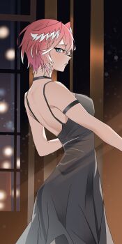 absurdres armband backless_dress backless_outfit bare_shoulders black_armband black_choker black_dress blue_eyes breasts choker dress facing_to_the_side full_body hair_between_eyes head_wings highres hololive large_breasts looking_at_viewer oru_0653 pink_hair short_hair takane_lui virtual_youtuber wings