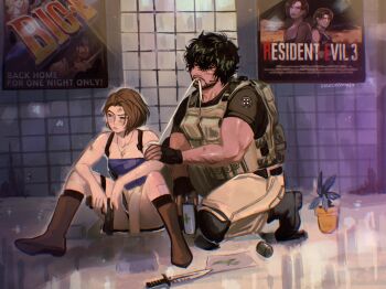 1boy 1girl artist_name bandages beard black_hair boots brown_boots brown_hair carlos_oliveira combat_knife commentary copyright_name english_commentary facial_hair gun handgun highres holding holding_gun holding_weapon jill_valentine kneeling knife plant poster_(object) potted_plant resident_evil resident_evil_3:_nemesis resident_evil_3_(remake) sitting stardreamiie strapless tube_top weapon