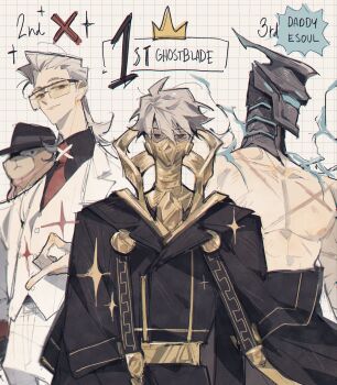 ahu_(to_be_hero_x) black_coat black_hat black_shirt character_name coat collared_shirt cowboy_shot cross_scar dog e-soul_(to_be_hero_x) fedora formal_clothes ghostblade_(to_be_hero_x) glasses gold_trim grey_eyes grey_hair grid_background hair_between_eyes hair_slicked_back hat helmet highres light_smile male_focus mask medium_hair mouth_mask necktie otakupup pants red_necktie scar scar_on_chest shirt short_hair snapping_fingers sparkle suit to_be_hero to_be_hero_x topless_male white_coat white_pants white_suit x_(to_be_hero_x) x_ornament