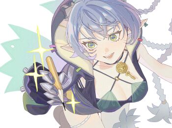 1girl absurdres accessories animal_ears black_horns bra braid braided_twintails breasts cape choker earrings facing_viewer goat goat_ears goat_girl goat_horns green_bra green_cape green_eyes hair_between_eyes highres holding holding_pencil hood horizontal_pupils horns jewelry key key_choker long_hair lucia_elowen open_mouth pd_honey pencil pendant_choker pointy_ears simple_background single_bare_shoulder single_sleeve solo sparkle twintails underwear white_background zenless_zone_zero