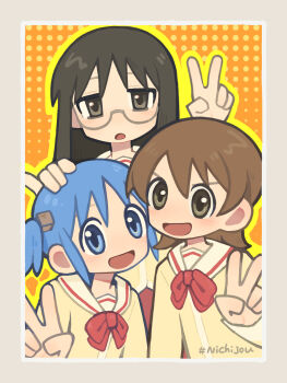 Rule 34 | 3girls, :d, aioi yuuko, ben-day dots, blue eyes, blue hair, brown eyes, brown hair, cube hair ornament, glasses, hair ornament, hand on another's head, hashtag, highres, long hair, looking at viewer, minakami mai, multiple girls, naganohara mio, nichijou, open mouth, photo (object), school uniform, screentones, short hair, short twintails, smile, tokisadame school uniform, twintails, v, yihe mi