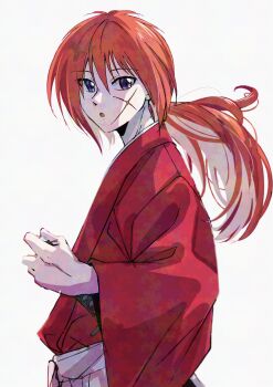 1boy :o absurdres blue_eyes cross_scar facial_scar hatahata_(okkrslk) highres himura_kenshin holding holding_sword holding_weapon japanese_clothes katana kimono long_hair long_sleeves looking_to_the_side low_ponytail male_focus ponytail red_hair red_kimono rurouni_kenshin scar scar_on_cheek scar_on_face sheath sheathed simple_background solo sword weapon white_background