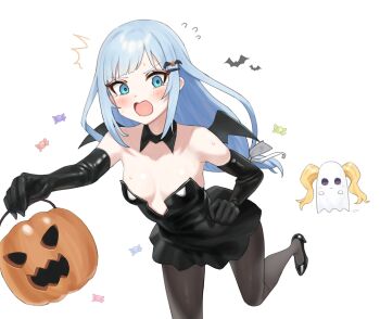 1girl bare_shoulders bat_hair_ornament bat_wings black_dress black_gloves black_pantyhose black_shoes blue_eyes blue_hair blush breasts candy dress elbow_gloves embarrassed emily_stewart food ghost gloves hair_ornament halloween_bucket high_heels highres holding holding_halloween_bucket idolmaster idolmaster_million_live! idolmaster_million_live!_theater_days jack-o'-lantern leaning_forward long_hair low-tied_long_hair open_mouth pantyhose ransol shiraishi_tsumugi shoes simple_background strapless strapless_dress white_background wings wrapped_candy
