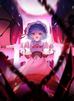 1girl :d ascot bat_wings black_collar bloomers blue_eyes brown_corset chain collar collared_shirt corset cowboy_shot crossed_bangs dress fangs frilled_shirt_collar frills hair_between_eyes hat hat_ribbon highres looking_at_viewer mob_cap open_mouth outstretched_arms pink_dress pink_hat puffy_short_sleeves puffy_sleeves red_ascot red_eyes red_ribbon remilia_scarlet ribbon shirt short_hair short_sleeves smile solo spread_arms standing swimsuit teeth touhou underwear upper_teeth_only wall_brick white_bloomers wings wrist_cuffs