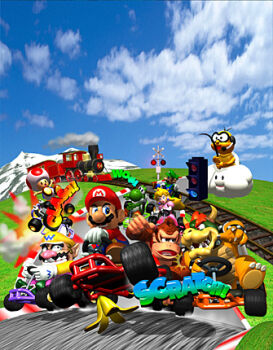 Rule 34 | 1990s (style), 1girl, 3boys, 3d, banana peel, blonde hair, blue eyes, bowser, car, cloud, creature, crown, donkey kong, donkey kong (series), dress, elbow gloves, everyone, facial hair, gloves, kart, lakitu, long hair, lowres, luigi, mario, mario (series), mario kart, mario kart 64, motor vehicle, mountain, multiple boys, mustache, nintendo, official art, outdoors, pink dress, princess, princess peach, racing, railroad tracks, retro artstyle, short hair, sky, smile, snow, sound effects, super mario bros. 1, toad (mario), train, wario, yoshi