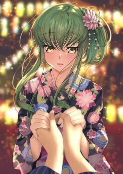 1girl absurdres backlighting beads blurry blurry_background budgiepon c.c. code_geass commentary_request floral_print floral_print_kimono flower green_hair hair_beads hair_flower hair_ornament hands_up highres holding_hands japanese_clothes kimono lantern light_smile long_hair looking_at_viewer one_side_up parted_lips pov pov_hands print_kimono upper_body yellow_eyes