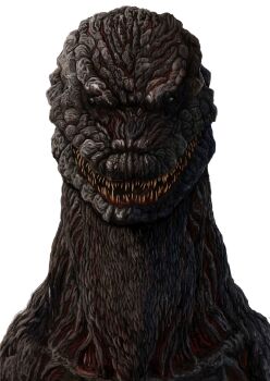 black_scales blood blood_on_mouth collarbone colored_teeth commentary gattyo godzilla godzilla_(series) godzilla_(shin) grey_eyes grin highres kaiju looking_at_viewer monster monster_focus no_humans nostrils parted_lips portrait scales sharp_teeth shin_godzilla simple_background smile straight-on sunken_eyes teeth tokusatsu white_background yellow_teeth