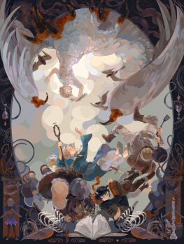 3boys 3girls abstract_background ambrosia_(dungeon_meshi) armor backpack bag bedroll bird_wings black_hair black_pants black_shoes blonde_hair blood blood_drop blue_capelet blue_robe bone book boots border bracer brown_boots brown_hair candle candlestand capelet chalice chicken_(food) chicken_leg chilchuck_tims chimera cloud commentary cooking_pot cup dragon_claw dungeon_meshi english_commentary falin_touden falin_touden_(chimera) falling food frying_pan fur_trim grey_pants grey_shirt harpy highres holding holding_cloth holding_cooking_pot holding_frying_pan holding_spatula holding_staff holding_stick izutsumi jdebbiel kensuke_(dungeon_meshi) laios_touden long_hair marcille_donato monster_girl multiple_boys multiple_girls mushroom open_book ornate_border pants pauldrons poleyn red_scales robe sandals senshi_(dungeon_meshi) shirt shoes short_hair shoulder_armor spatula staff stick sword taur thistle_(dungeon_meshi) upside-down vambraces weapon white_pants white_wings wings