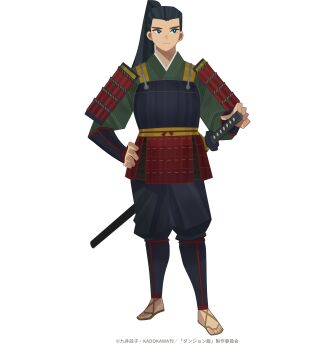 1boy absurdres armor black_hair black_hakama blue_eyes company_name copyright_name copyright_notice dou dungeon_meshi fortress_saga full_body green_kimono hakama hand_on_hilt hand_on_own_hip highres japanese_armor japanese_clothes katana kimono long_hair long_sleeves looking_to_the_side male_focus official_art ponytail samurai sandals shoulder_armor shurou simple_background sode solo standing suneate sword tachi-e weapon white_background