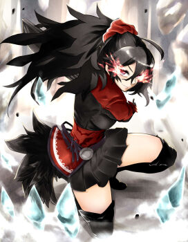 1girl attack bandana black_boots black_hair boots breasts flaming_eyes hair_between_eyes highres holding holding_sword holding_weapon ice katana large_breasts long_hair mature_female miniskirt ootachi pleated_skirt raven_branwen red_bandana red_eyes rock rwby samurai sheath shure_(rainround) skirt solo sword thighhighs weapon